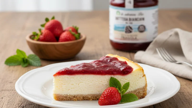 Fetta di cheesecake con confettura di fragole, fragola fresca e menta; dietro, una ciotola di fragole e il vasetto