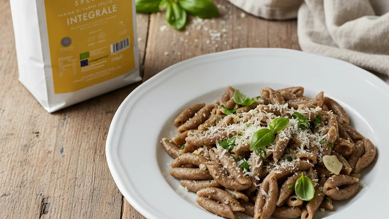 Pasta fresca corta di farro integrale con grattugiato e basilico in piatto bianco, accanto al sacco di farina di farro integrale