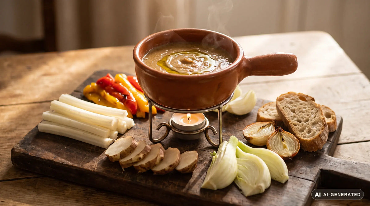 Bagna càuda piemontese in un fujot di terracotta scaldato da una candela, con la salsa di aglio e acciughe color nocciola, circondato da cardo crudo a bastoncini, falde di peperone arrostito, topinambur e cipolle al forno