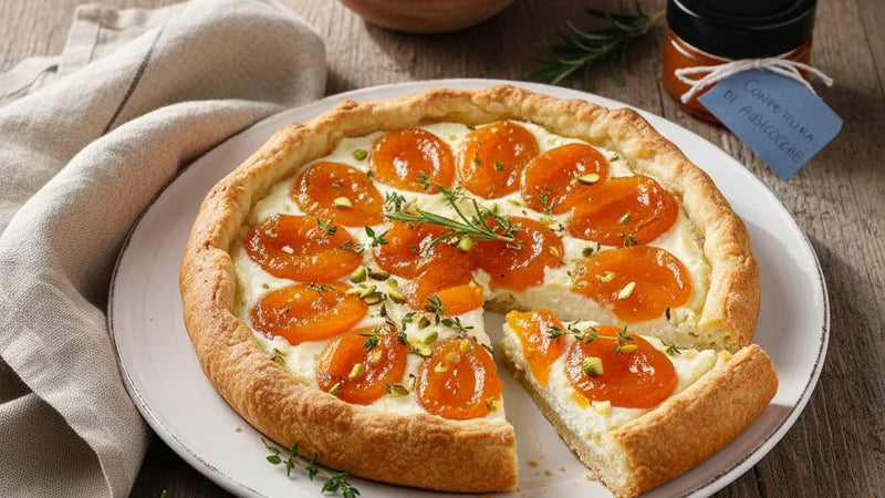 Crostata salata con ricotta, mezze albicocche, pistacchi e timo, una fetta tagliata; a lato il vasetto "Confettura di albicocche"