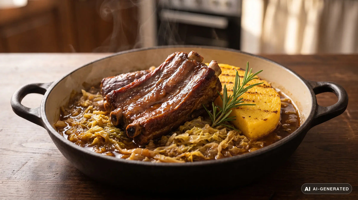 Costine di maiale con la verza servite in una casseruola di ghisa scura, carne bruna e lucida di fondo di cottura adagiata su un letto di verza stufata, con una fetta di polenta gialla a fianco e un rametto di rosmarino, su un tavolo di legno scuro