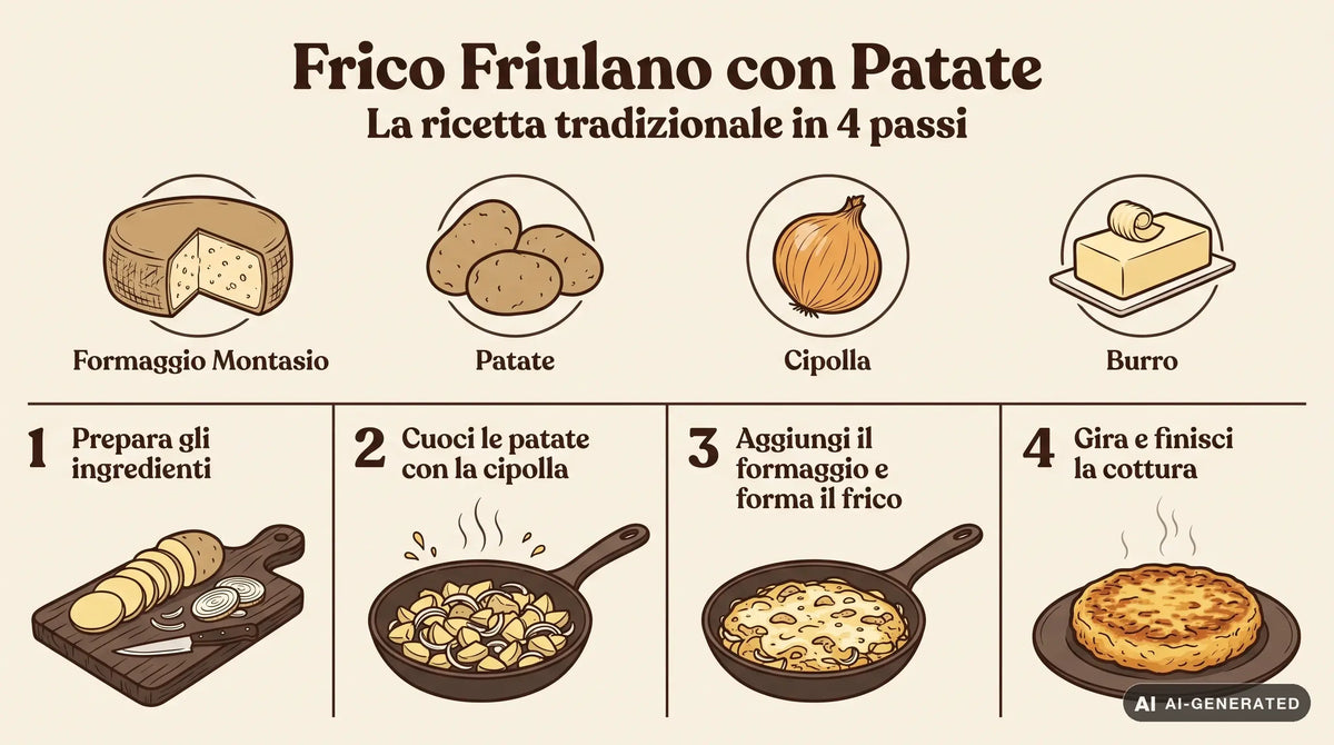 Un frico friulano con patate appena sfornato, dorato e croccante, servito su un piatto rustico di ceramica, con una spatola che solleva uno spicchio filante