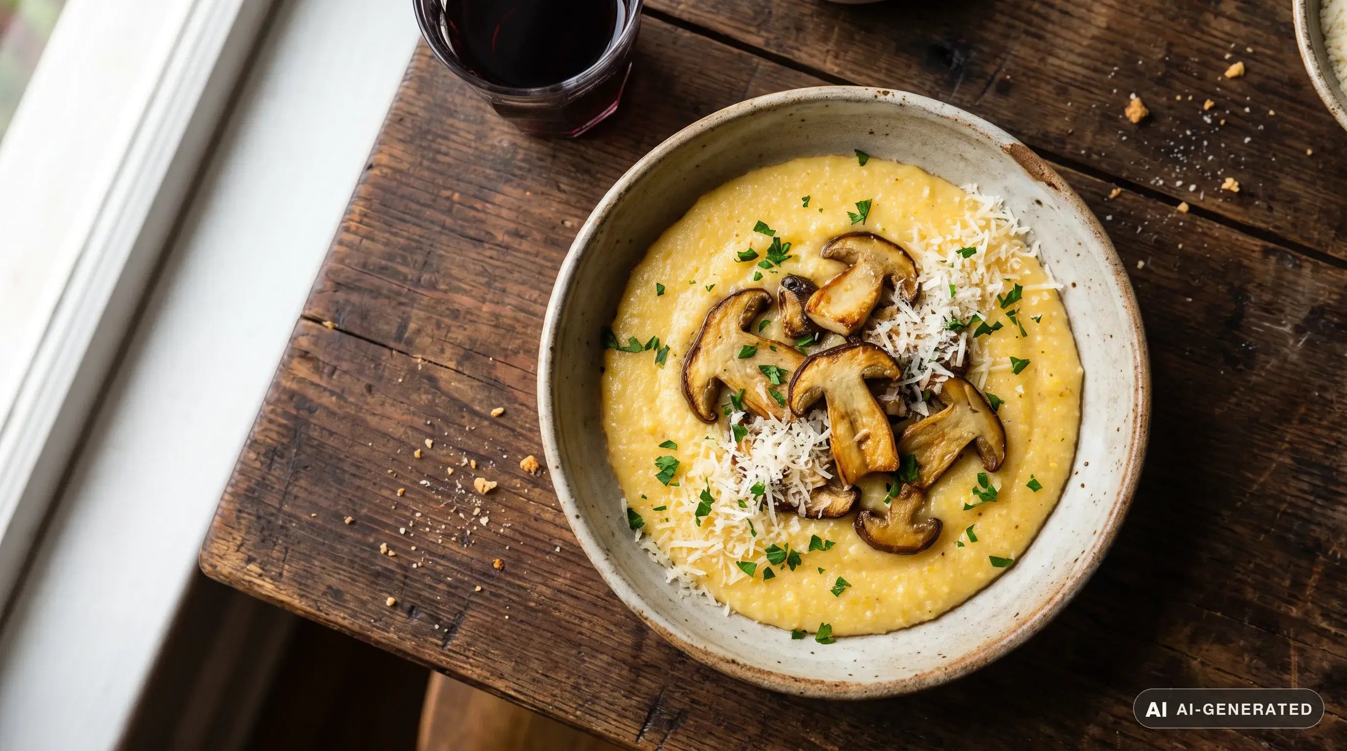 Polenta cremosa con funghi porcini trifolati servita in un piatto fondo rustico: polenta dorata e cremosa con fettine di porcini rosolati sopra, spolverata con Parmigiano e prezzemolo fresco, su tavolo di legno scuro